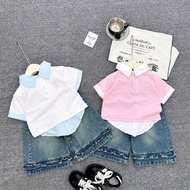 [9-INCH PANTS] Ruffled Jeans Set, Alo Embroidered Shirt Collar