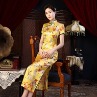 [Dsmyz] Cheongsam Silk Long Dress Elegant Qipao Baju Tradisional Cina Perempuan Ceongsam Dress For W