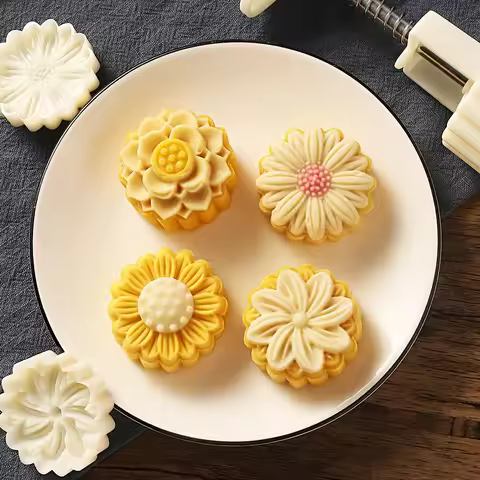 Flowers Moon Cake Mold Set, 1 Mold And 4 Stamps,DIY Hand Press Mung Bean Cake,Mid Autumn Festival Pa
