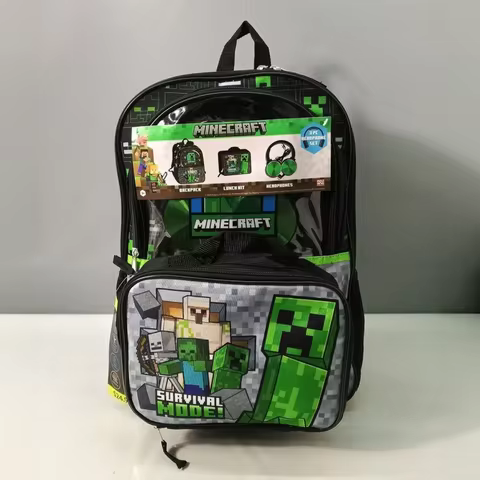 Minecraft Backpack 3 Piece Set With Lunch Bag Headphones Creeper Pixel Print Water Resistant Adjusta