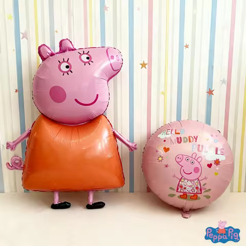 2pcs Pink Theme Peppa Pig Mommy Pig Balloon Set with Pink round Aluminum Foil Balloons for Birthday 