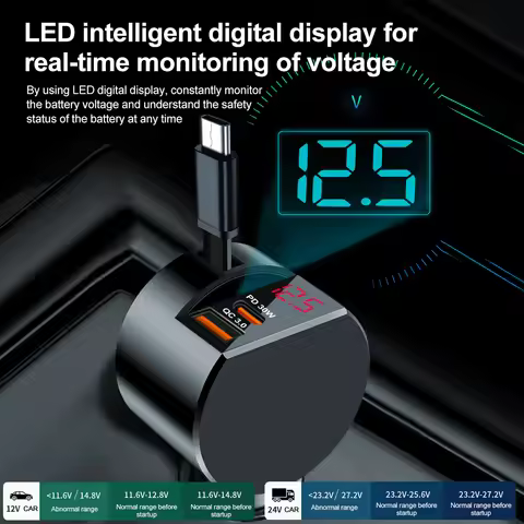 Retractable Car Charger 4 in 1,78W Fast Charging PD30W QC3.0 Voltage Display Cigarette Lighter Adapt