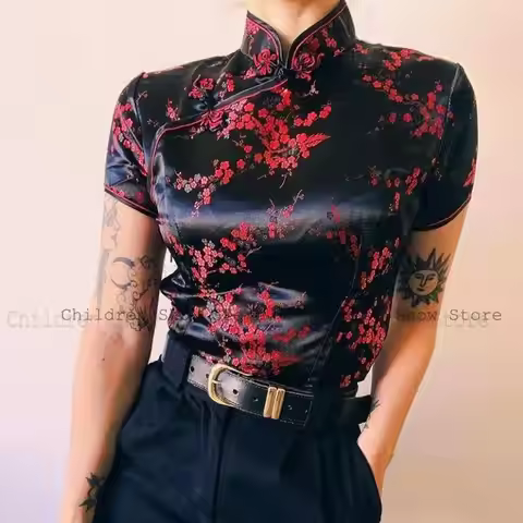 Chinese Style Costume Women Short Sleeve Tang Clothes Traditional Qipao Tops Satin Cheongsam Shirt L