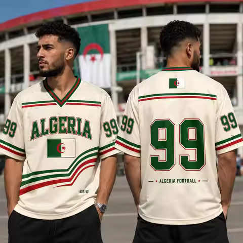 Retro Algerian Flag Football Suit No. 99 V-neck T-shirt for Algerian Fans, Casual Sports, Unisex