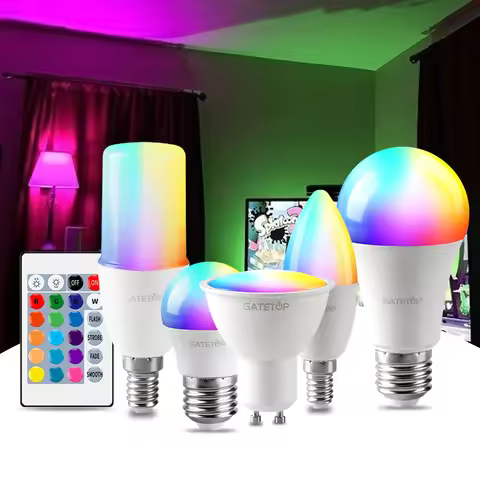 T37 C37 A60 E27 E14 B22 LED RGB Bulb AC120V 230V Bombillas 6W 10W IR Remote Control Smart neon wall