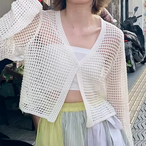 Pointelle Knit Top Long Sleeve One Button Crochet Cardigan Sweater for Women Cover-Up Spring Summer 