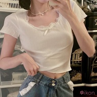 Korean  short sleeve bow lace flower sweet crop top Women spicy style slim  bowknot t-shirt