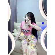 Set of pink square neck t-shirt with sponge print and wide-leg pants with sponge print - three pants