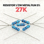 (10 PCS) RESISTOR 1/2W 1/2WATT 27K 27K KILO CF 5% ROHS