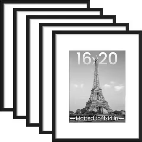 16x20 Picture Frame Set of 5, Display 11x14 with Mat or 16x20 Without, Black Wall Gallery Poster Fra