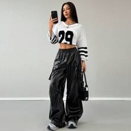 Women's Fall/Winter Streetwear Going Out Y2K Rapper Basic Athleisure Leather Black Cargo Pants