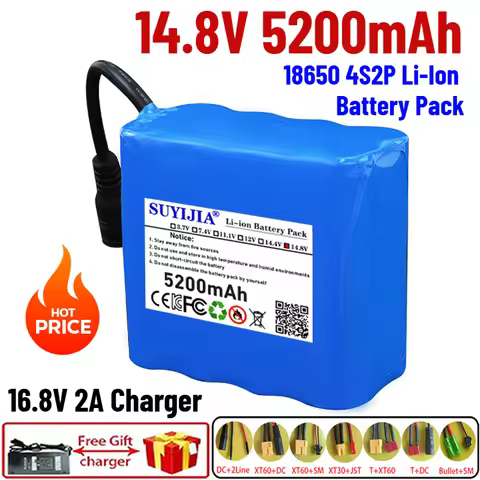 14.8V/14.4V 5.2AH 18650 Lithium Battery Pack 4S2P 5200mAh Built-in 10A BMS for Bluetooth Speakers an
