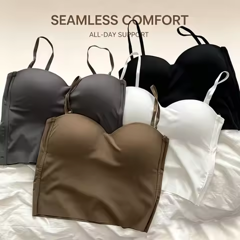 Ladies Thin Ice Silk Traceless Vest French Back Camisole Integrated Fixed Cup Inside Match Outside W