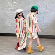 Brother Sisters Summer Style Korean Version Boys Girls Sisters Outfit Vertical Stripes polo Collar D