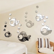 Mirror Wall Sticker Self-Adhesive 3D WallPaper, 3D Wall Stickers Bathroom Bubble Fish Self-adhesive Children's Room Decoration Acrylic Mirror Tile Stickers