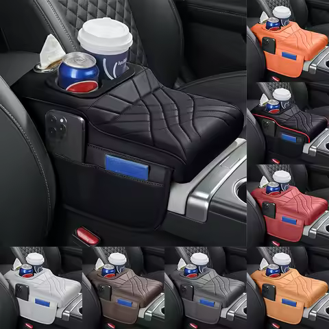 High-Low Style Car Armrest Box Cushion-an Armrest Cover with 2 Side Pockets,2 Cup Holde and 1 Tissue