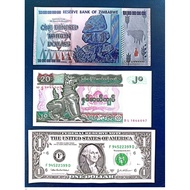 Zimbabwe 100 Trillion Foil UNC,Myanmar 20 Kyat UNC,1 USD EF