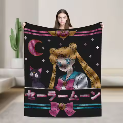 S-Sailors M-Moons Magical Girl Kitty Cat Blanket Warm Cozy Fluffy Throw Blankets for Sofa 50x60 Inch