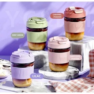 Gelas Kopi Tumbler Kaca Kapasitas 350ml Dengan Rubber Grip Tutup Dan Sedotan / Anti Tumpah