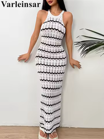Sleeveless Striped Hollow Out Crochet Knitted Tunic Beachwear Beach Dress Beach Wear Female Beach Co