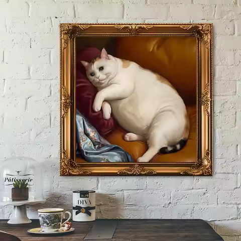 Modern Cute Fat Cat Pet Gift Poster Renaissance Style Canvas Painting Animal Wall Art Picture for Li