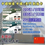 (包郵) 中國聯通 內地及澳門 上網卡 無需實名 20GB 365日 高速數據通用 中國年卡