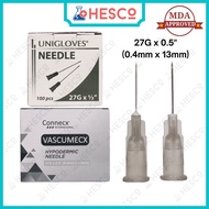 Hypodermic Needle Jarum 27G x 0.5" (0.4mm x 13mm) Unigloves Connecx Vascumecx MDA Sterile Suntikan 1