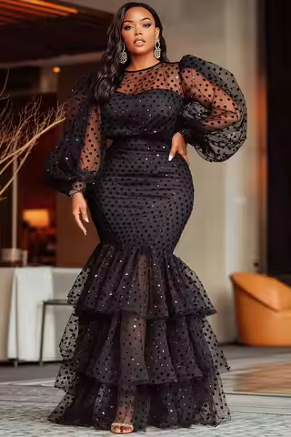 Plus Size Formal Black Round Neck Lantern Sleeve Long Sleeve Mermaid Vintage See Through Tulle Maxi 