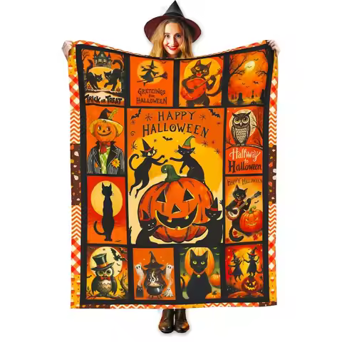 Vintage Halloween Flannel Blanket, Ghost Pumpkin Trick or Treat Woven Throw
