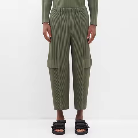 Miyake Pleated Homme Plisse Men Cargo Black Pants High Waist Ankle-Length Pants