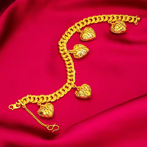 24K Gold AU999 Women's Heart Bead Bracelet - Heart Gold Beads + Polished Chain, Beads Flattering Chi