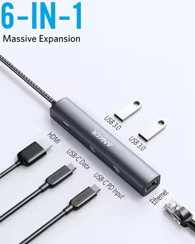 Anker 6-in-1 USB C Hub Power Expand USB C PD Ethernet Hub with 65W Power, 4K HD, 1Gbps Ethernet 2 US