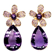 ต่างหูพลอยแท้ อเมทิสต์ สีม่วง 20 x 29 mm. และ ไข่มุก ล้อม อเมทิสต์ เงินแท้ 925 ชุบทอง 18K