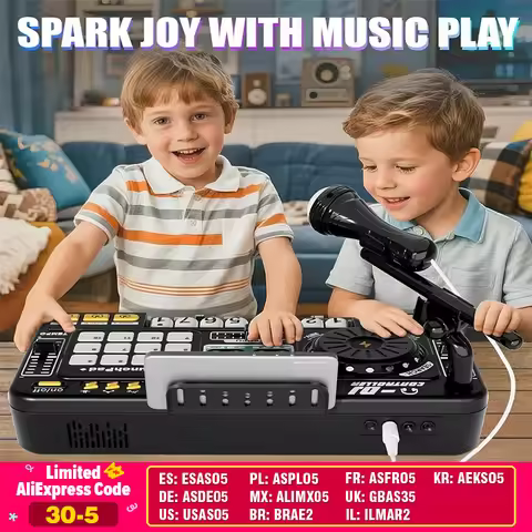 Kid DJ Mixer with Microphone Electronic Piano Keyboard Bluetooth DJ Turntable Controller Musical Ins