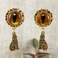 Yellow Orange Glass Cat Eye Evil Eye Kitten Gold Protection Earrings Jewelry