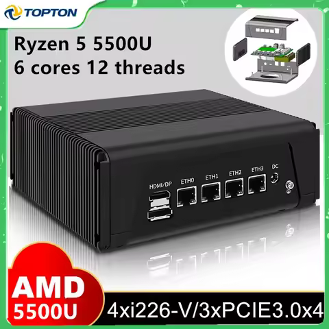 Topton Full Metal AMD Ryzen 5 5500U Mini PC 4x2.5G LAN NAS Firewall Appliance 3*NVMe 2*SATA 3x4K UHD