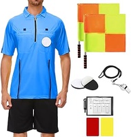 Soccer Referee Kit Pro Soccer Referee Shirt Jersey,Ref Costume Shorts,Coach Whistle,Referee Flags and Cards Sport Accessory for Adult Teenager Blue XXL