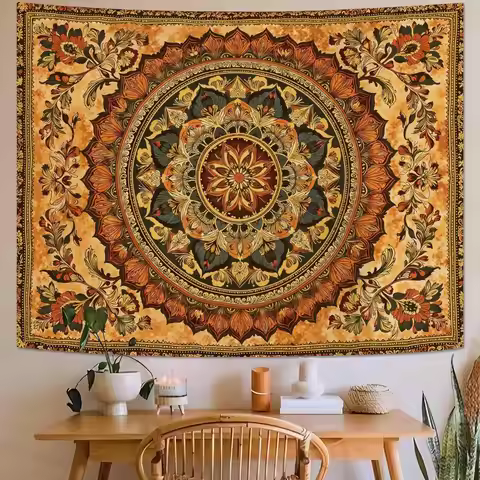 Bohemian Mandala Tapestry, Intricate Floral Design in Warm Orange & Brown Hues, Wall Art for Cozy & 