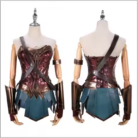 Anime Wonder Cos Dress Diana Cosplay Costume Adult Brown Top Faux Leather Corset Shorts +Girl Access