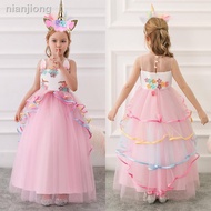 Unicorn Dress for 7yrs old kids girls party birthday 3 5 8 10 years old rainbow long gown with headb