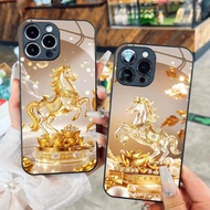 Black Glass Case with Golden Horse in Glass for iPhone 17 16 15 14 13 12 11 8 7 6 6s 6p 7p 8p Pro Ma