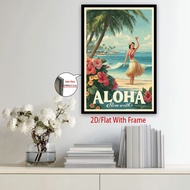 ภาพวาดผ้าใบกรอบ 1 ชิ้น แบบ 2D เสื่ย - โปสเตอร์หญิงฮูลารีมที่ชายหัวคฤหาสถาน Hawaian Tropical Beach ไม