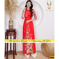 Youthful Black Tea Pattern Ao Dai, Soft Stretch Habutai Silk K84 Red - Xuan Quynh Ao Dai
