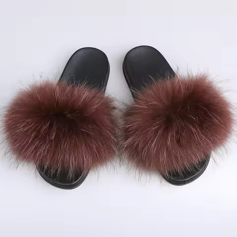 Luxury Women's Genuine Raccoon Fur Fox Fur Slippers Real Fur Sandals Flip Flops Shoes Plus Size Shoe