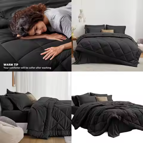 7-Piece All-Season King Bedding Set in Black: 1 Comforter, 1 Flat Sheet, 1 Fitted Sheet, 2 Pillowcas