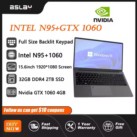 15.6 Inch Intel N95 NVIDIA GTX 1060 4GB 32GB RAM 2TB SSD DDR4 Windows 11 3.4 GHz Fingerprint Unlock 