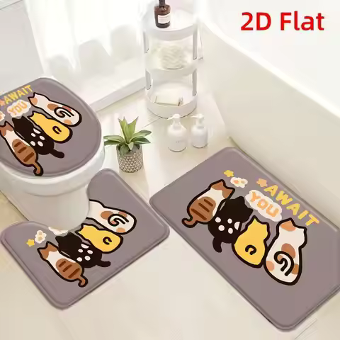 3Pcs Gray Cat Stack "AWAIT YOU" Bath Mat Non Slip Absorbent Toilet Rug with Lid Cover for Bathroom W