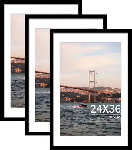 24x36 Picture Frame Black Set of 3, Display Pictures 20x30 with Mat or 24 x 36 Without Mat, Poster F