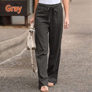 lof Women Casual Elastic Waist Loose Long Pants Linen Cotton Pants Solid Straight Trousers Spring Sports