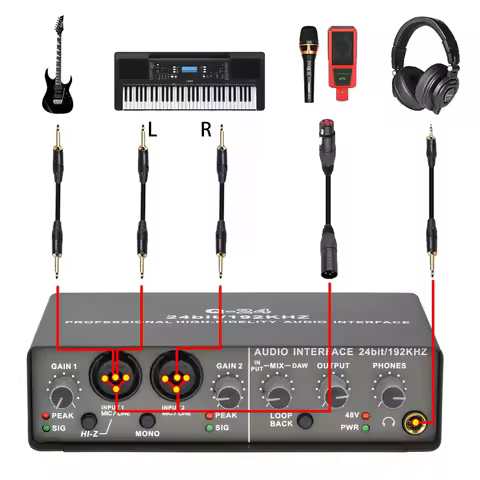 Professional 24Bit 192Khz Audio Interface 2 Input Sound Card For Electric Guitar Loopback External S